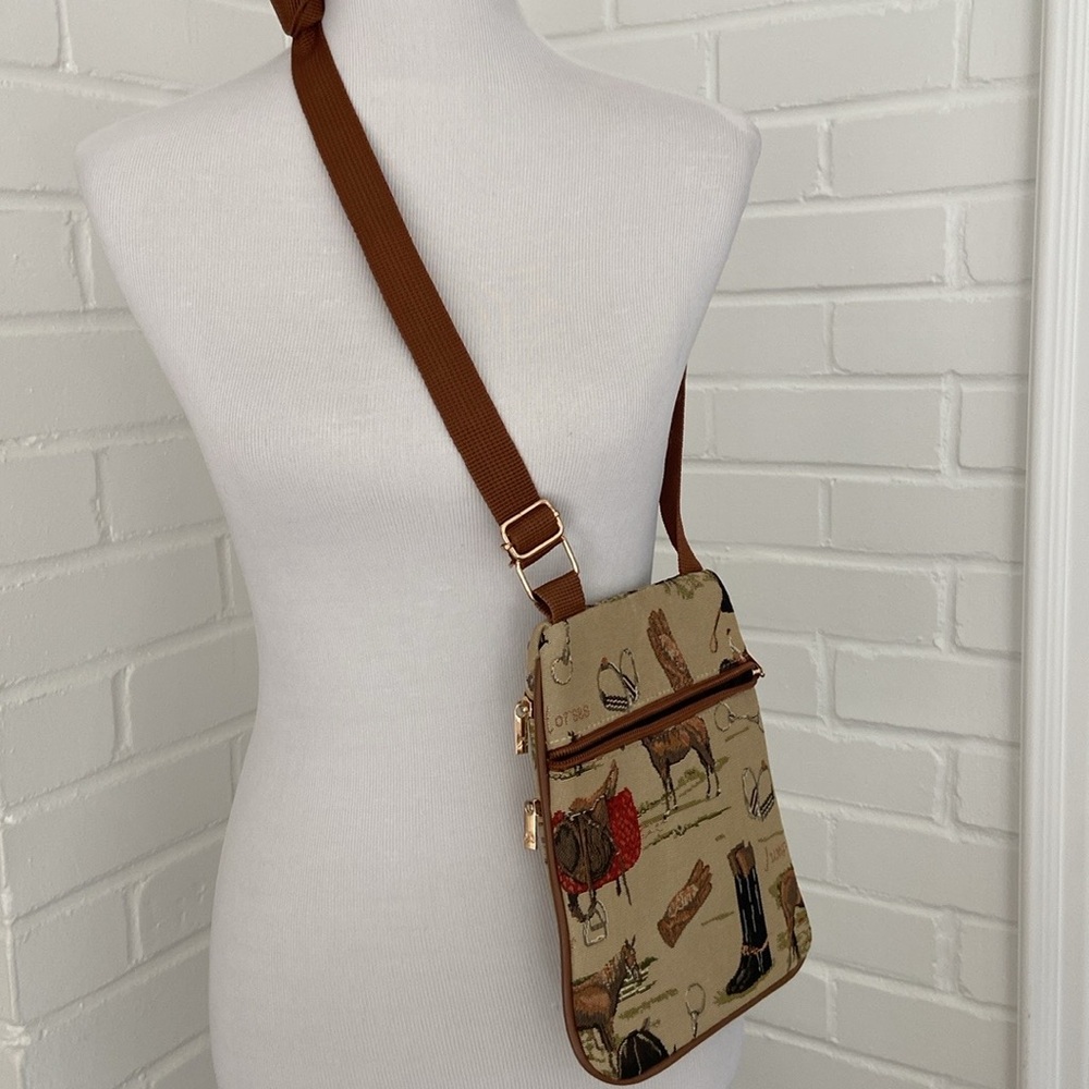 Sainty Tan/Brown Equestrian Horse Cowgirl Theme Print Crossbody Bag